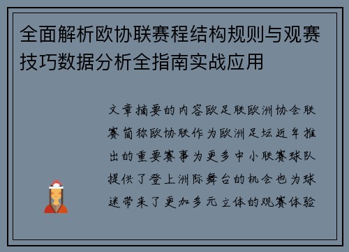 全面解析欧协联赛程结构规则与观赛技巧数据分析全指南实战应用
